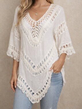 Amore Silk Blend Crochet Sheer Tunic Top Cream | S/M